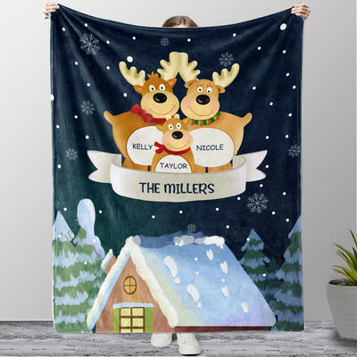 Personalized Christmas Deer Family Member Fleece Blanket I